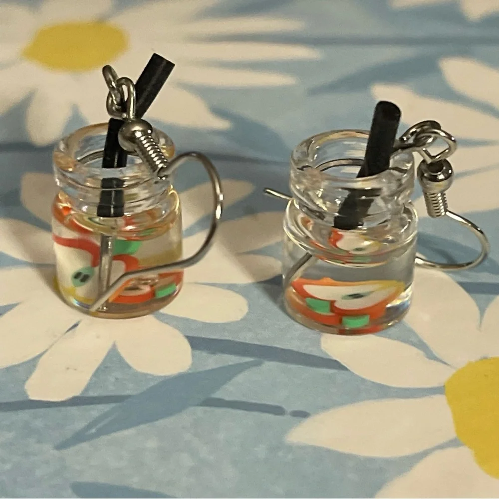New Handmade Summer Fruity Apple Slice Glass S925 Sterling Silver Earrings
